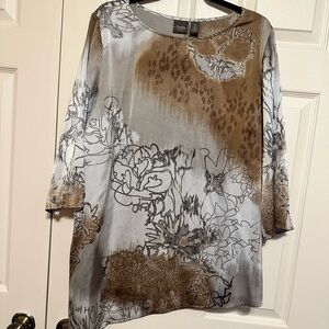 Chicos travelers Elegant Floral Gray and Brown Blouse Chicos size 3 X-Large